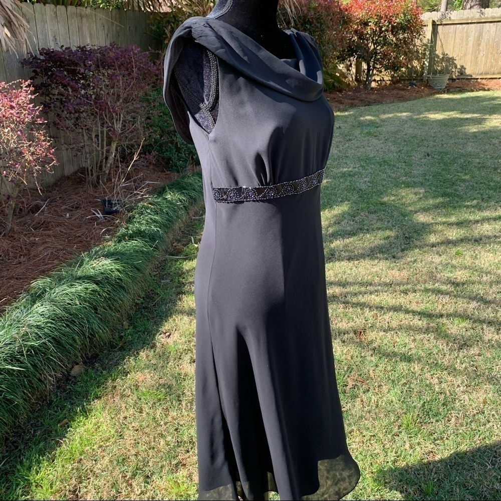 BICE black drape cowl neck sleeveless empire waist beaded fit and flare dress - Picture 2 of 12